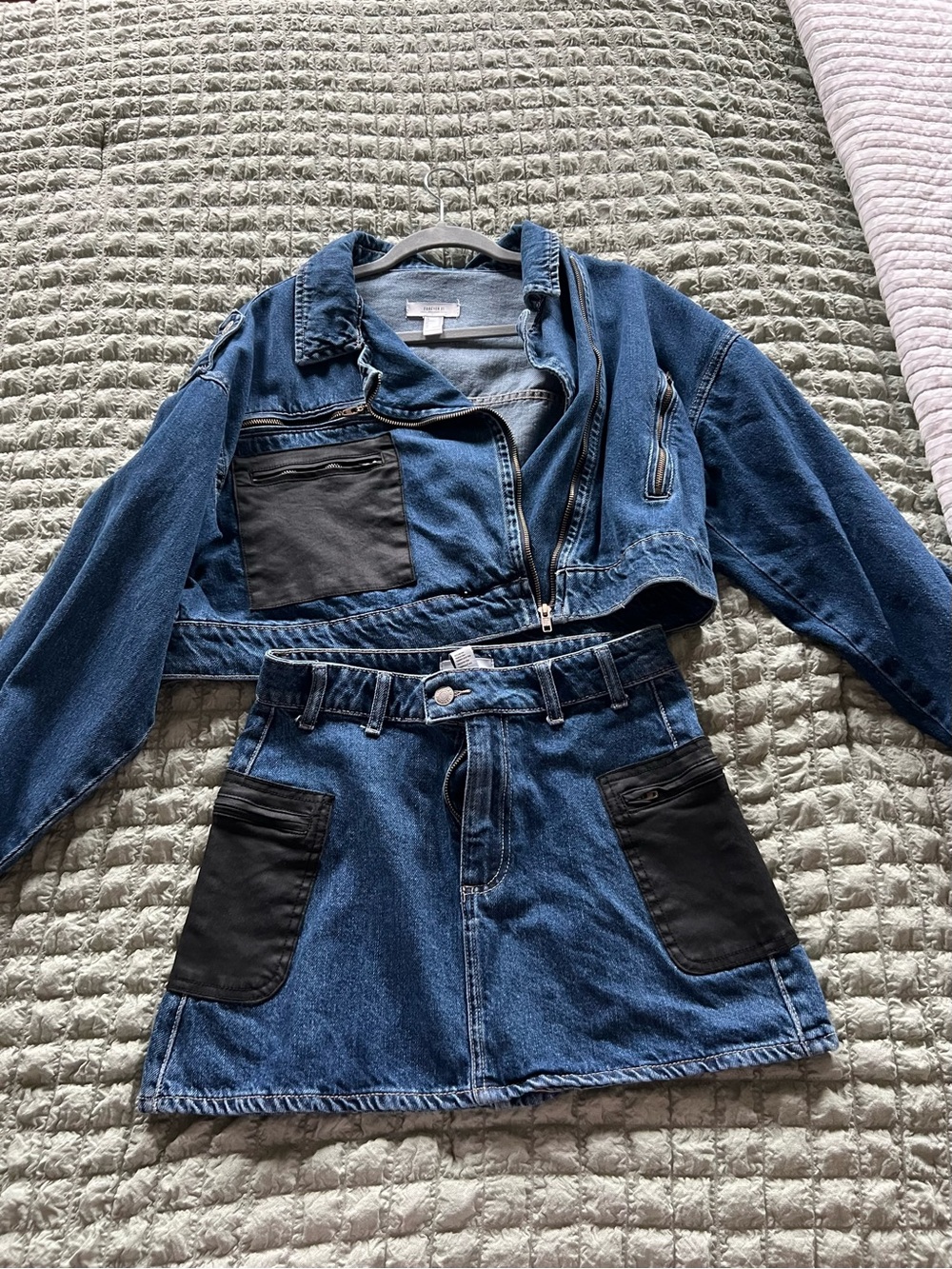 Forever 21 Dark Blue Denim Jacket & Skirt Set with Black Patch Pockets